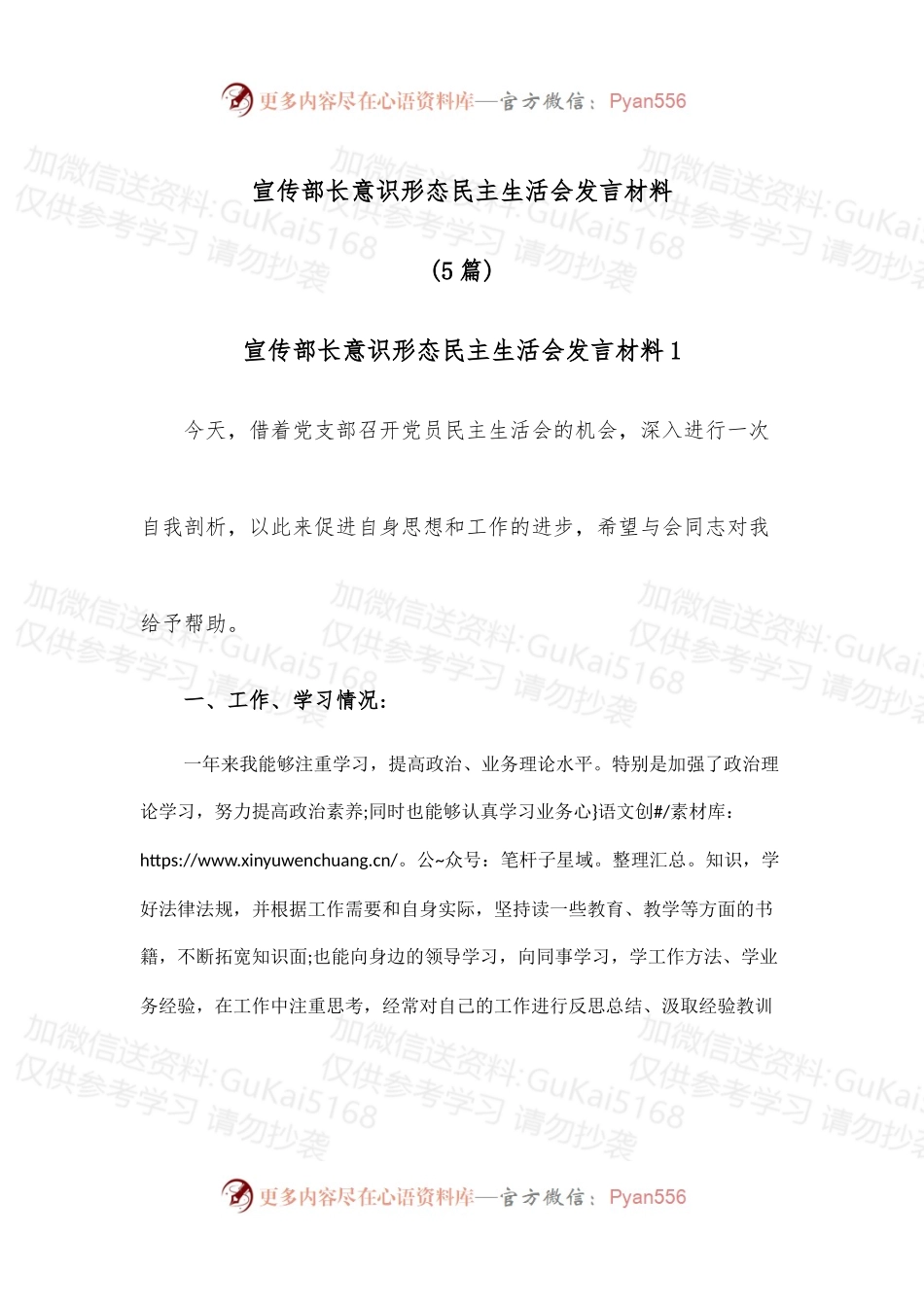 (5篇)宣传部长意识形态民主生活会发言材料.docx_第1页