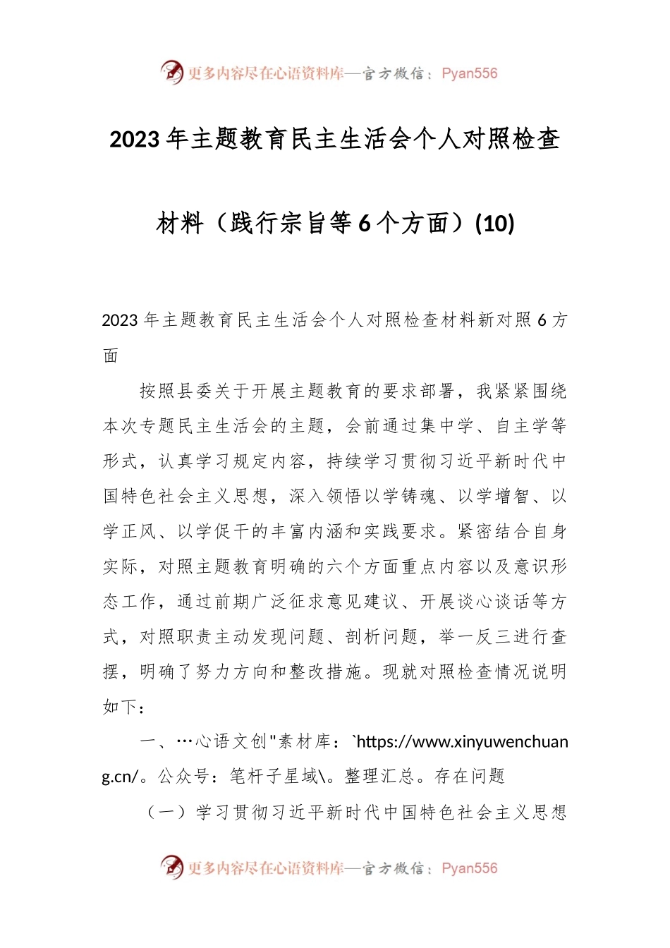 2023年主题教育民主生活会个人对照检查材料（践行宗旨等6个方面） (10).docx_第1页