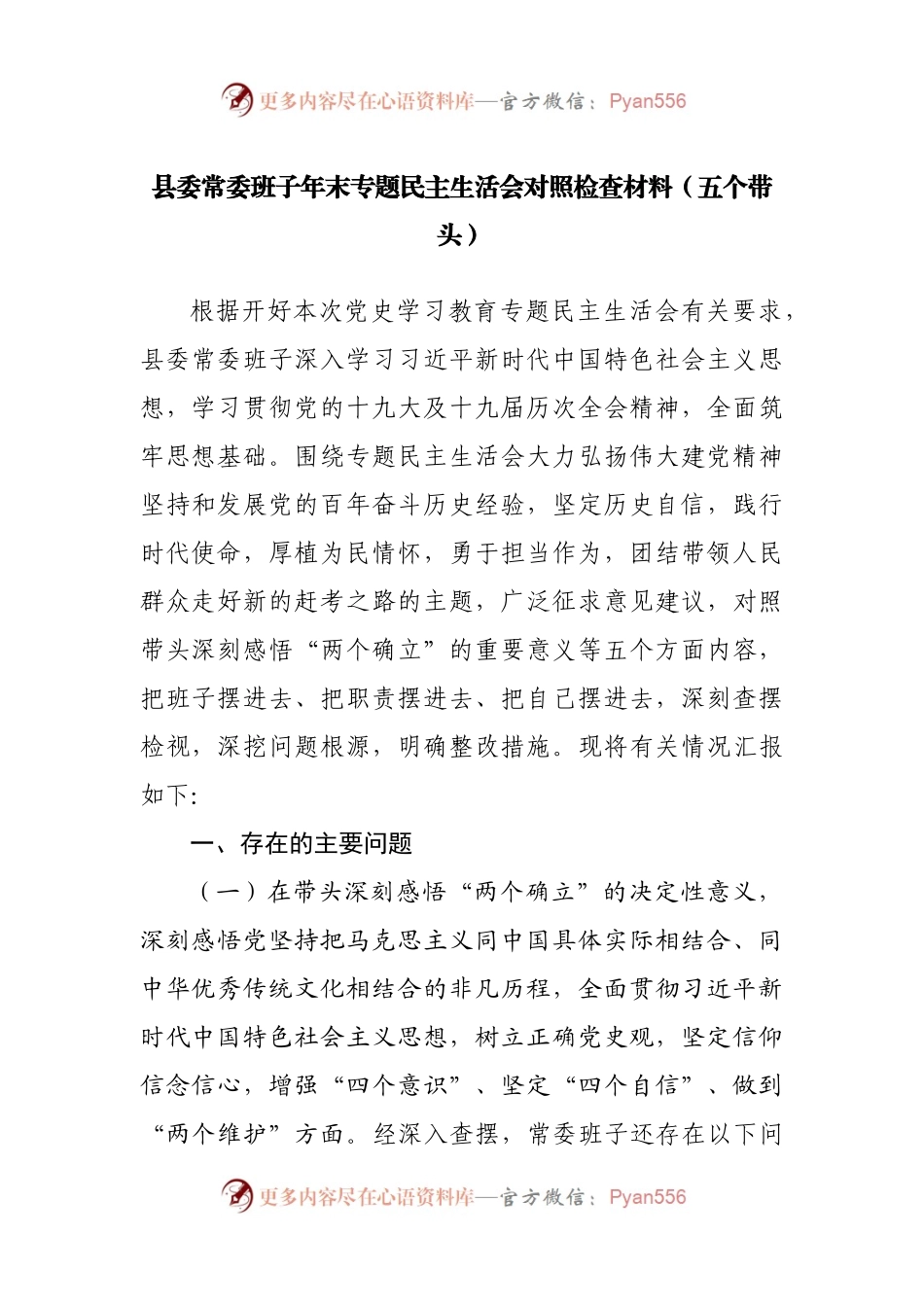 101班子2021年专题民主生活会对照检查材料（县）.docx_第1页