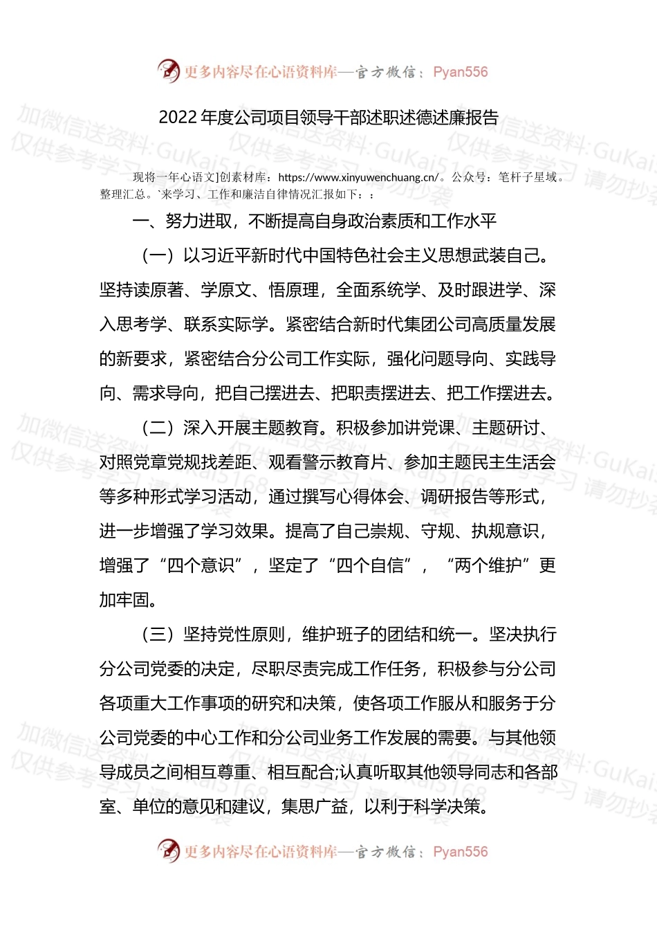 2022年度公司项目领导干部述职述德述廉报告.docx_第1页