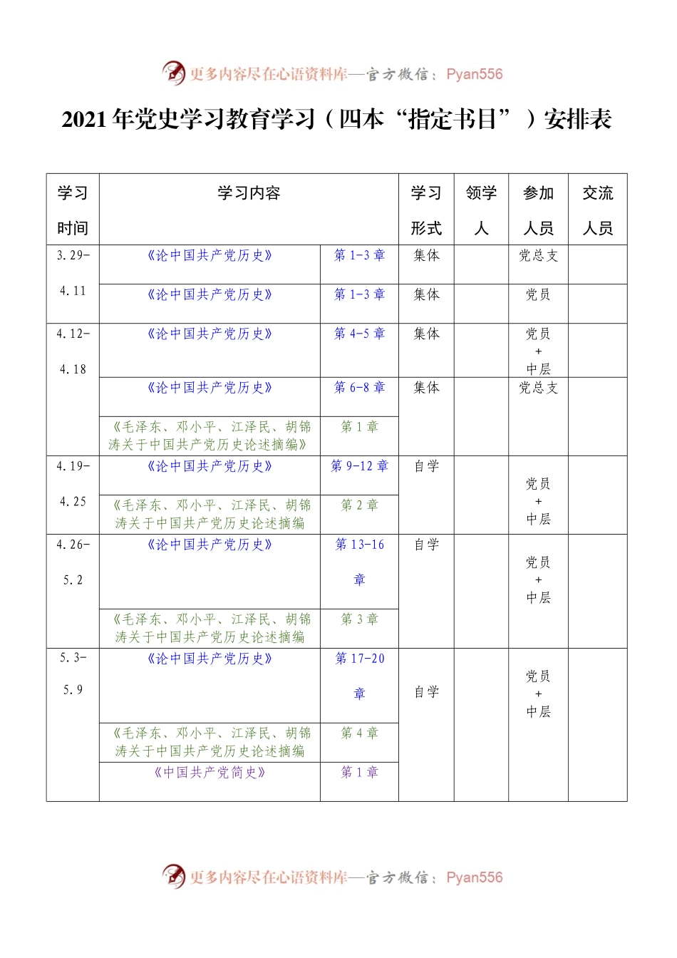 2021年党史学习教育学习（四本“指定书目”）安排表.docx_第1页
