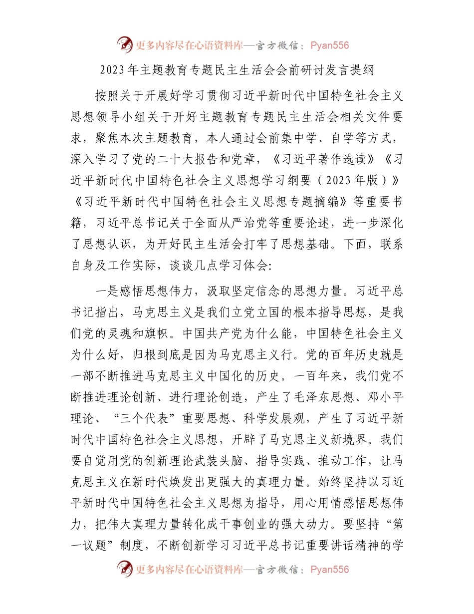 2023年主题教育专题民主生活会会前研讨发言提纲.docx_第1页