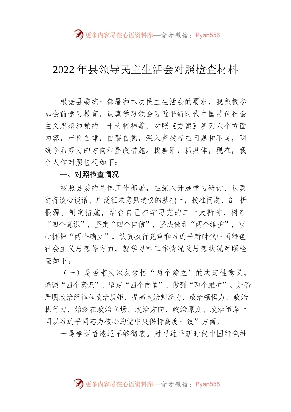 2022年县领导民主生活会对照检查材料.docx_第1页