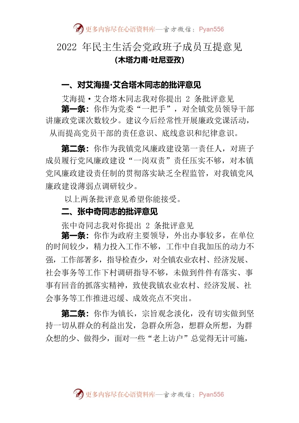 2022年民主生活会党政班子成员互提意见.docx_第1页