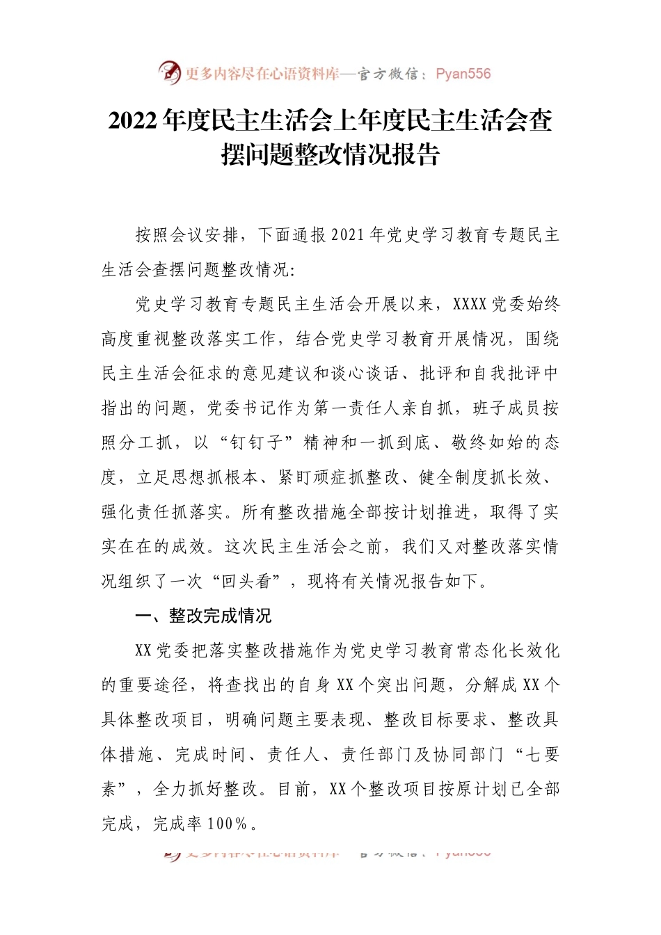 2022年度民主生活会上年度民主生活会查摆问题整改情况报告.docx_第1页