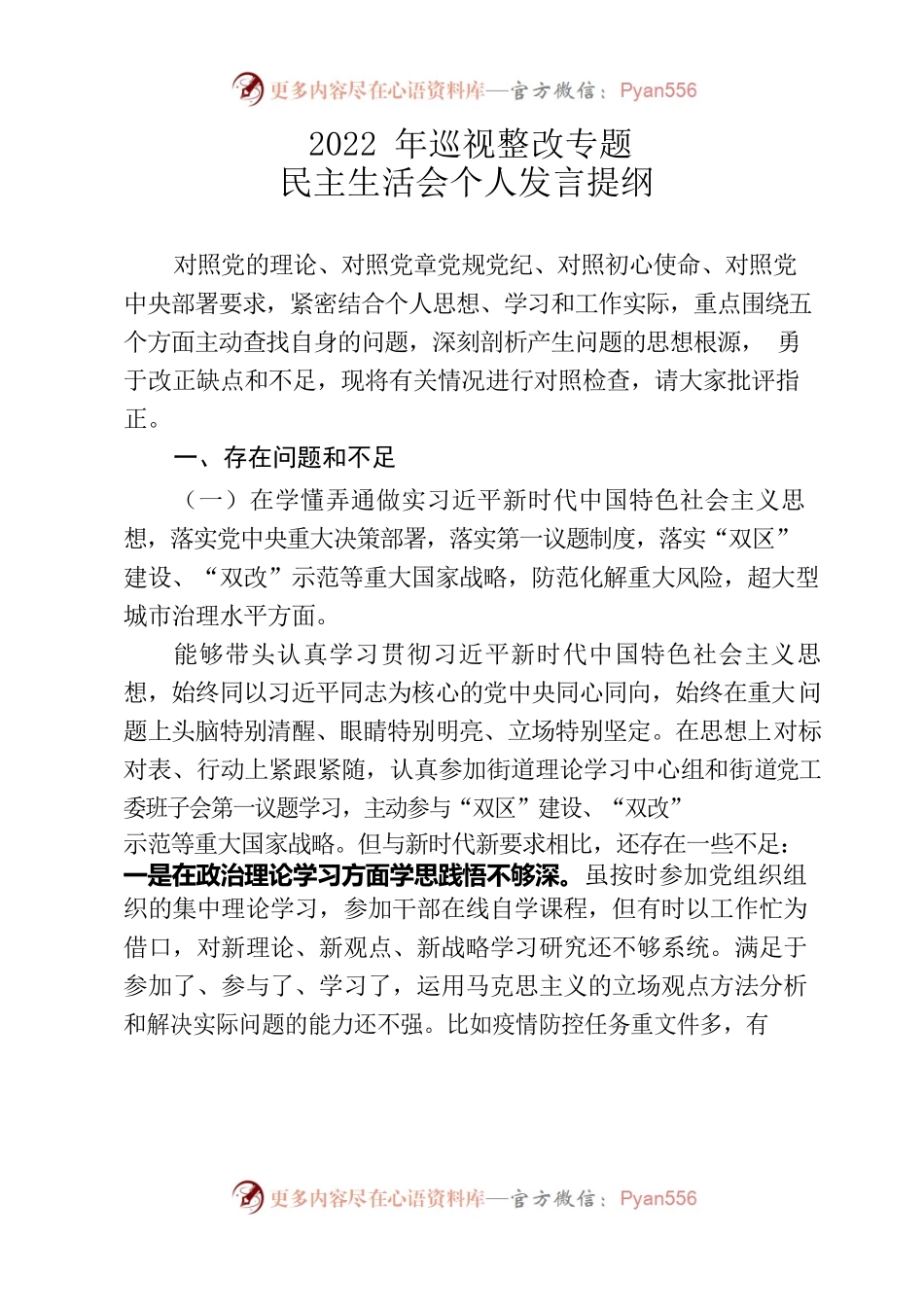 2022年巡视整改专题民主生活会个人发言提纲.docx_第1页