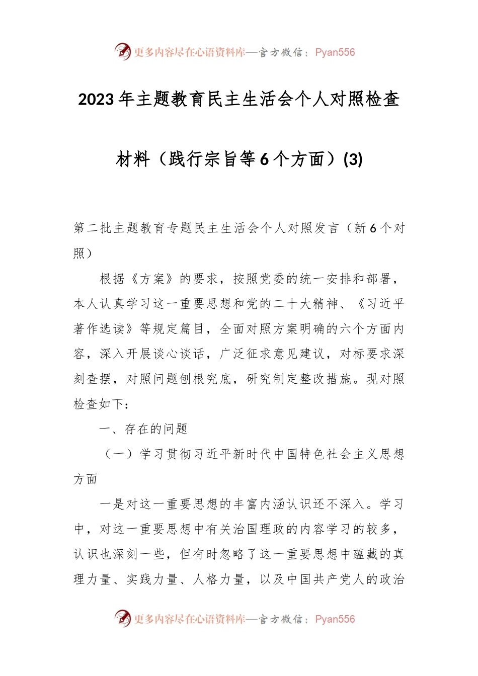 2023年主题教育民主生活会个人对照检查材料（践行宗旨等6个方面） （3）.docx_第1页