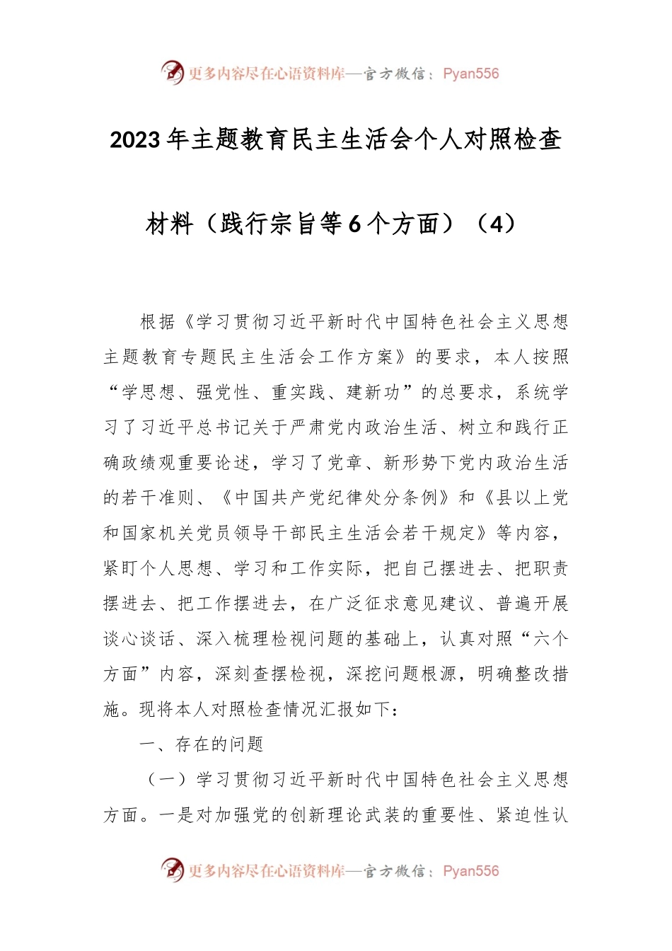 2023年主题教育民主生活会个人对照检查材料（践行宗旨等6个方面） (4).docx_第1页