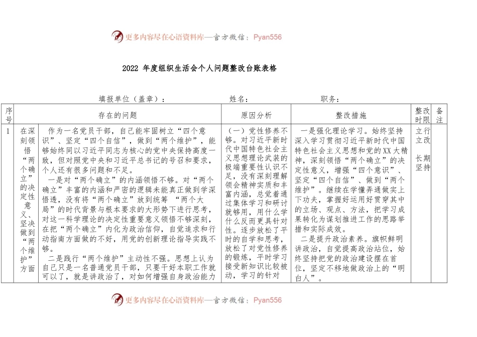 2022 年度组织生活会个人问题整改台账表格..docx_第1页