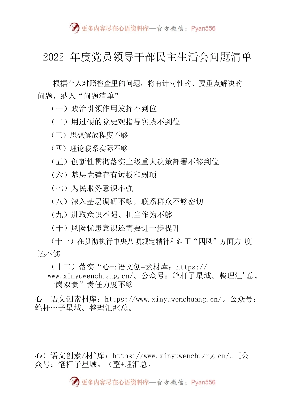 2022年度党员领导干部民主生活会问题清单.docx_第1页