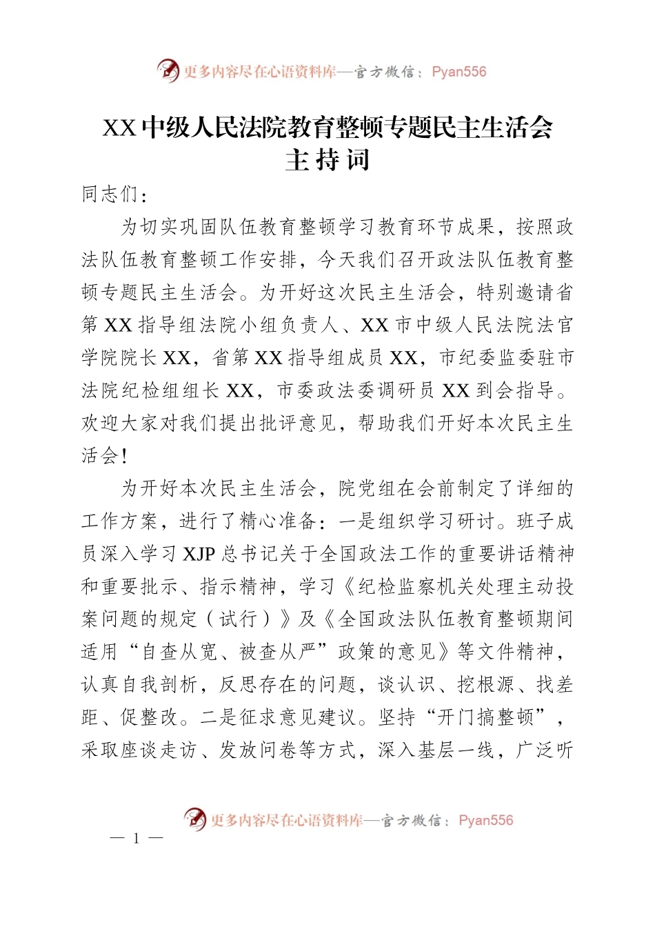 02.XX中级人民法院教育整顿专题民主生活会.docx_第1页