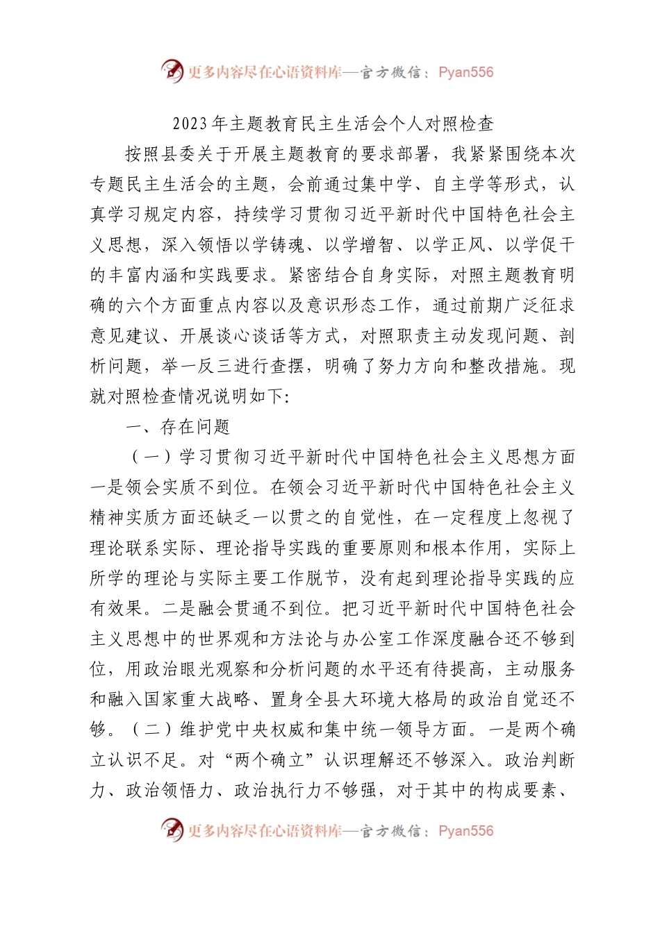 2023年主题教育民主生活会个人对照检查材料（践行宗旨等6个方面）（5）(1).docx_第1页