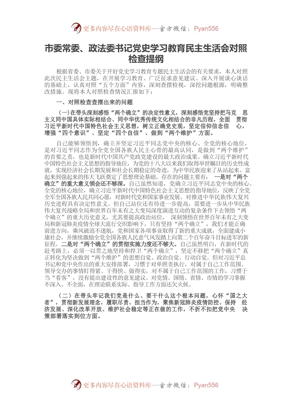 20220104市委常委、政法委书记党史学习教育民主生活会对照检查提纲.docx_第1页