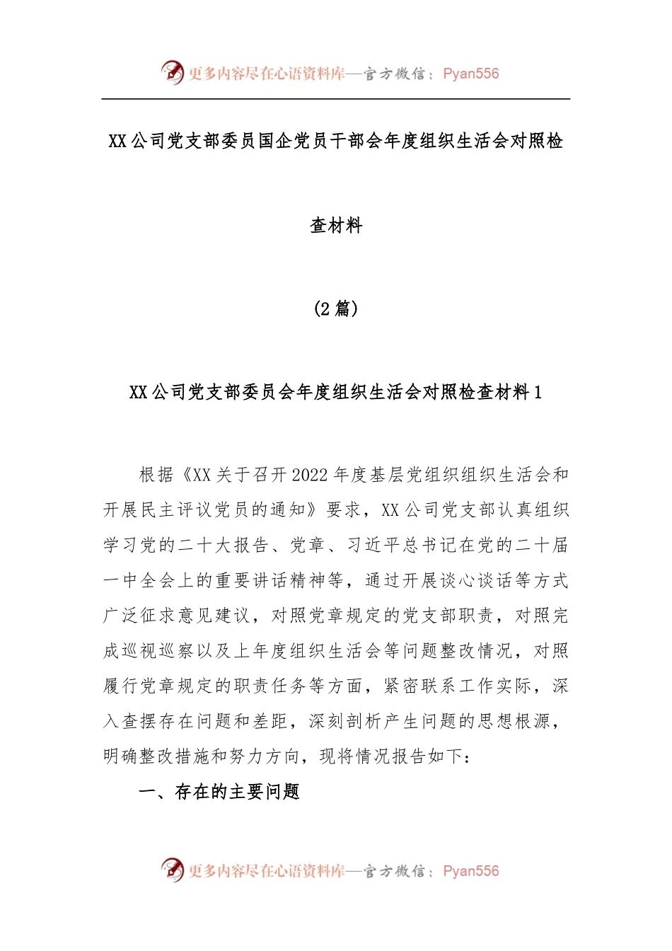 (2篇)XX公司党支部委员国企党员干部会年度组织生活会对照检查材料.docx_第1页