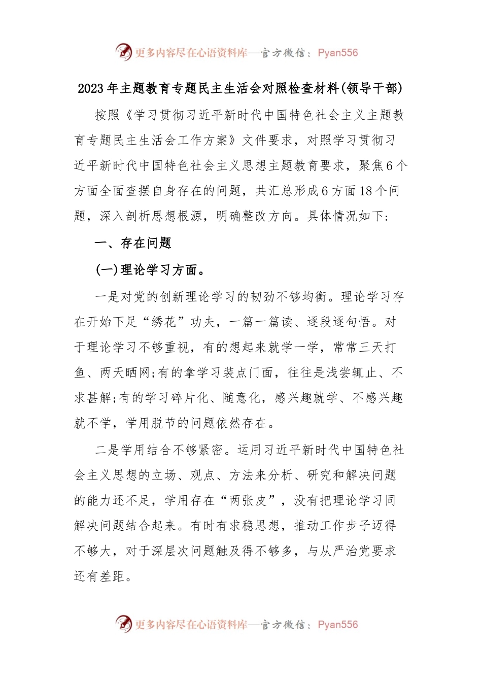 2023年主题教育专题民主生活会对照检查材料(领导干部).docx_第1页