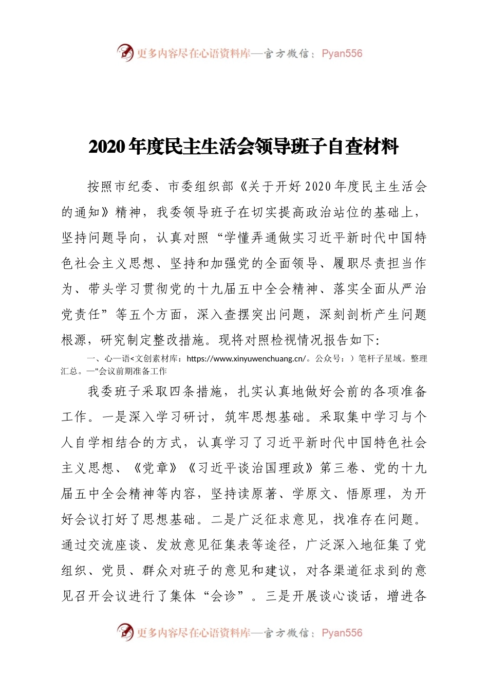 2020年度民主生活会领导班子自查材料.docx_第1页