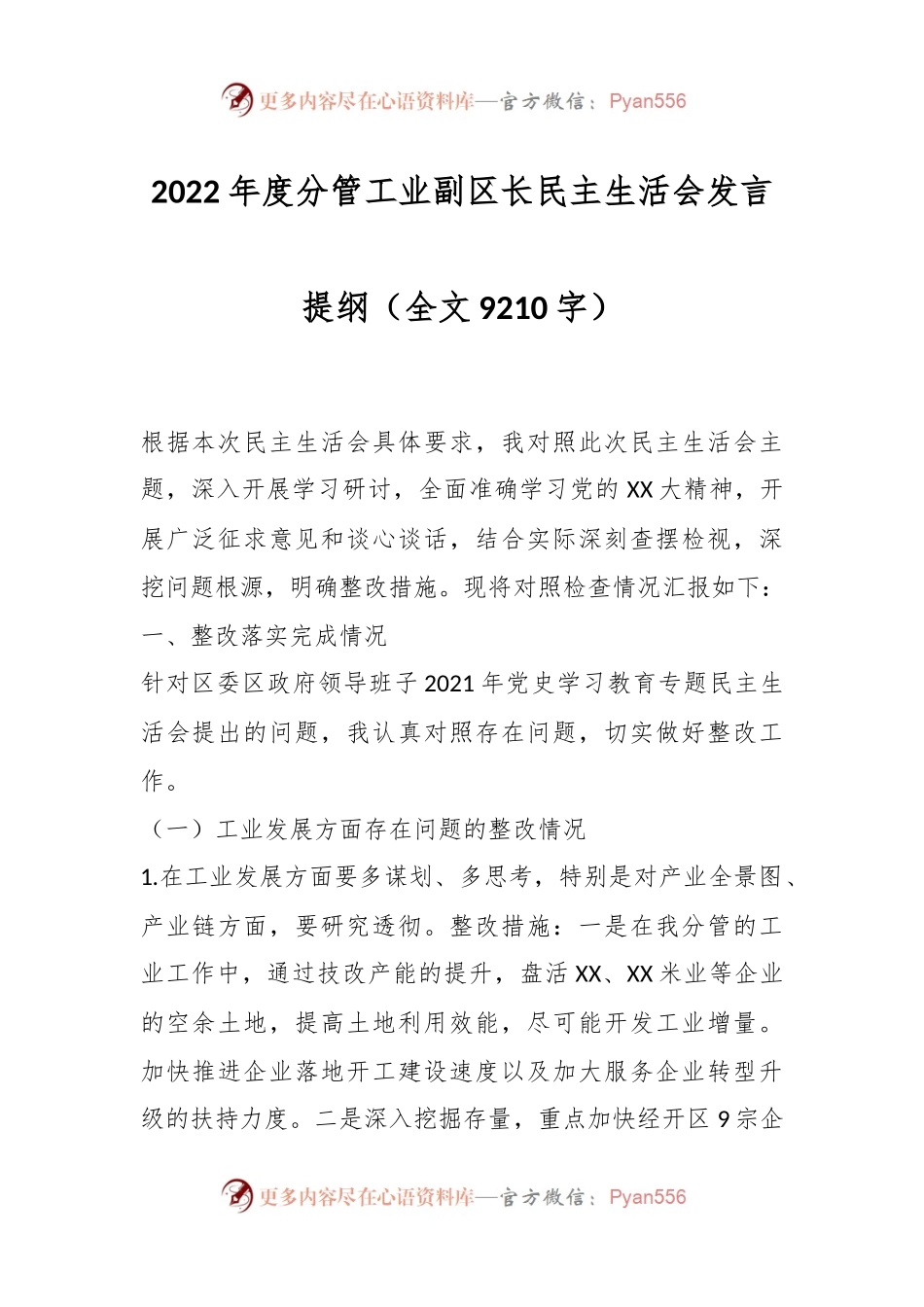 2022年度分管工业副区长民主生活会发言提纲.docx_第1页