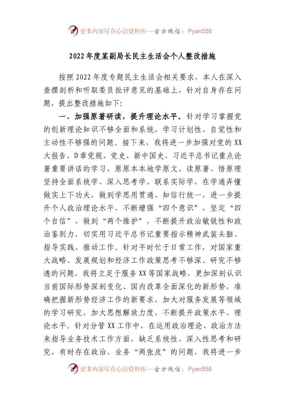 2022年度某副局长民主生活会个人整改措施.docx_第1页