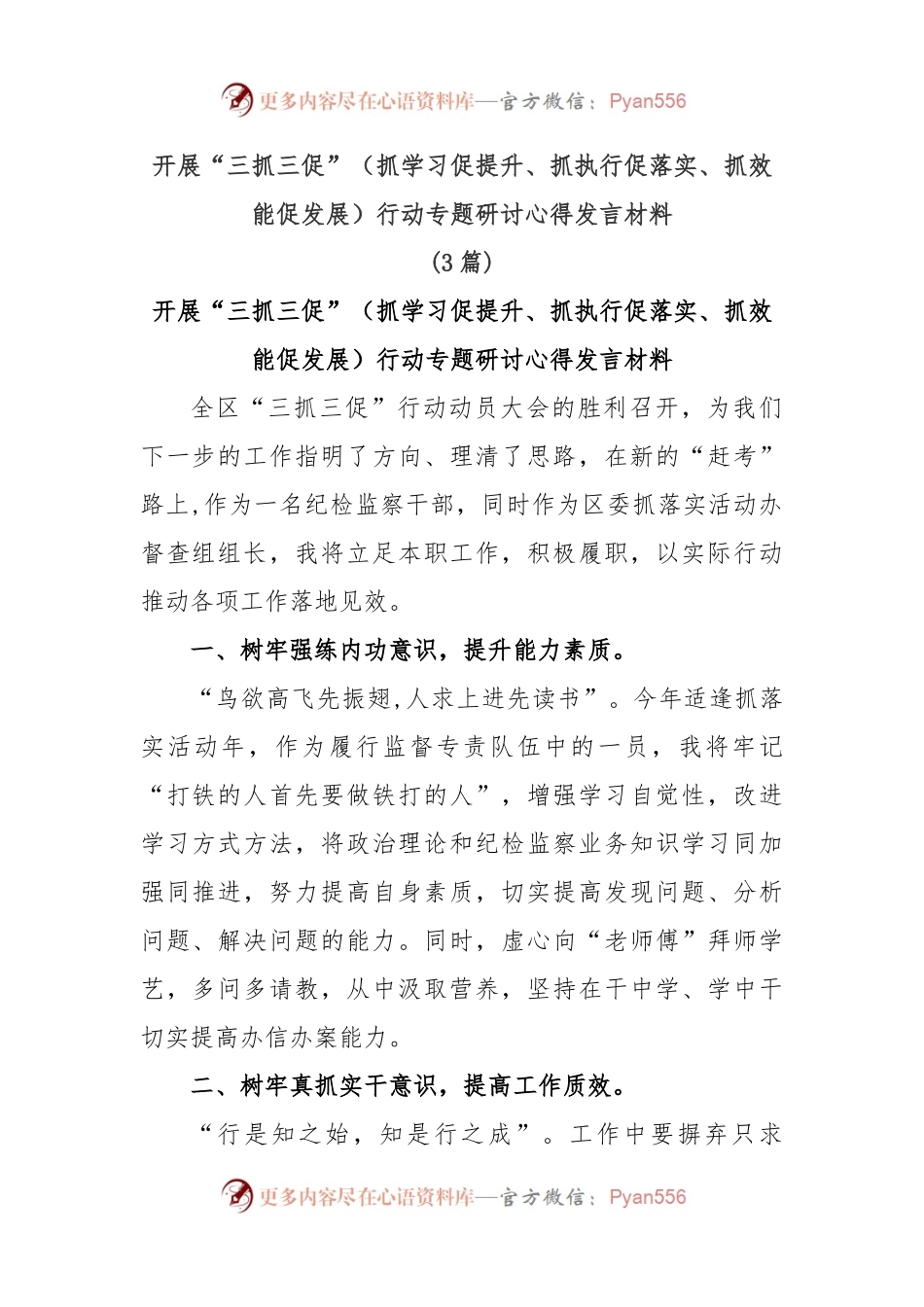 (3篇)开展“三抓三促”（抓学习促提升、抓执行促落实、抓效能促发展）行动专题研讨心得发言材料.docx_第1页