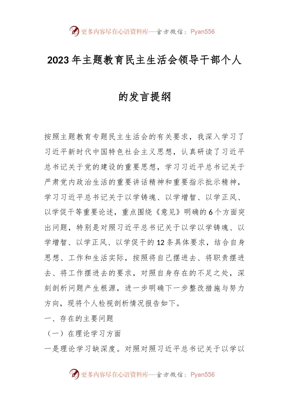 2023年主题教育民主生活会领导干部个人的发言提纲.docx_第1页