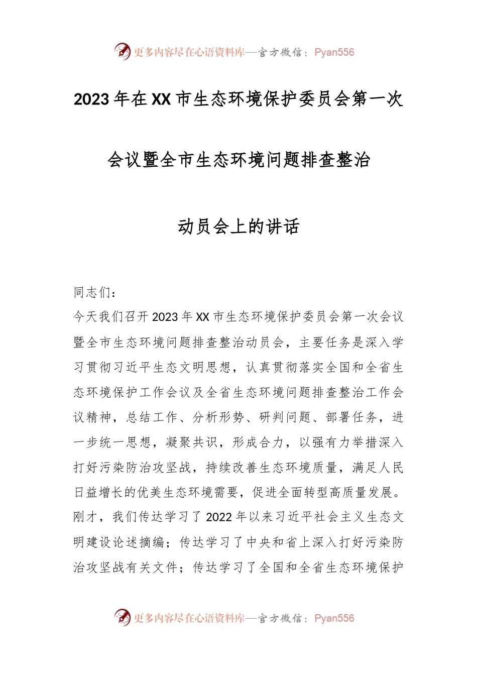 2023年在XX市生态环境保护委员会第一次会议暨全市生态环境问题排查整治动员会上的讲话.docx_第1页