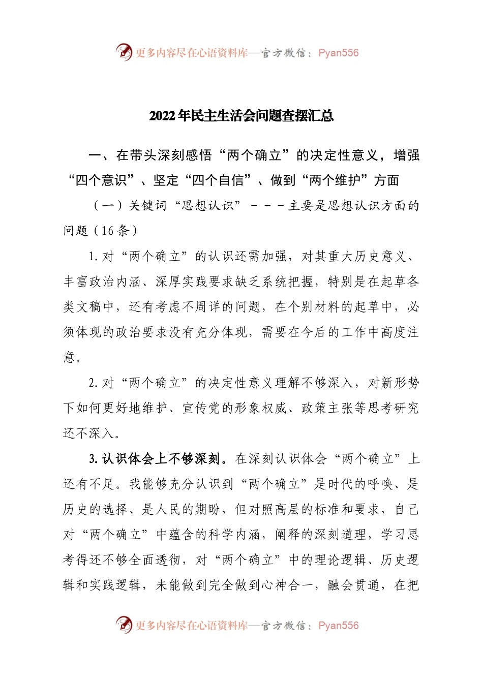 2022年民主生活会问题查摆汇总.docx_第1页