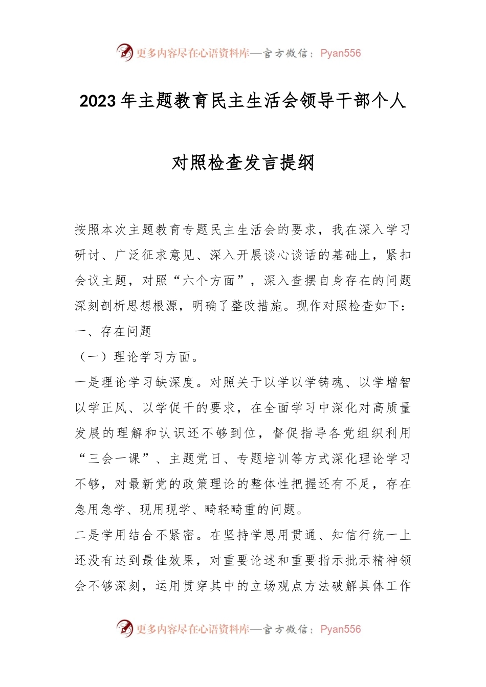 2023年主题教育民主生活会领导干部个人对照 检查发言提纲.docx_第1页