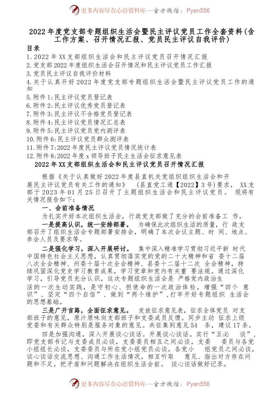 2022年度党支部专题组织生活会暨民主评议党员工作全套资料（含工作方案、召开情况汇报、党员民主评议自我评价）.docx_第1页
