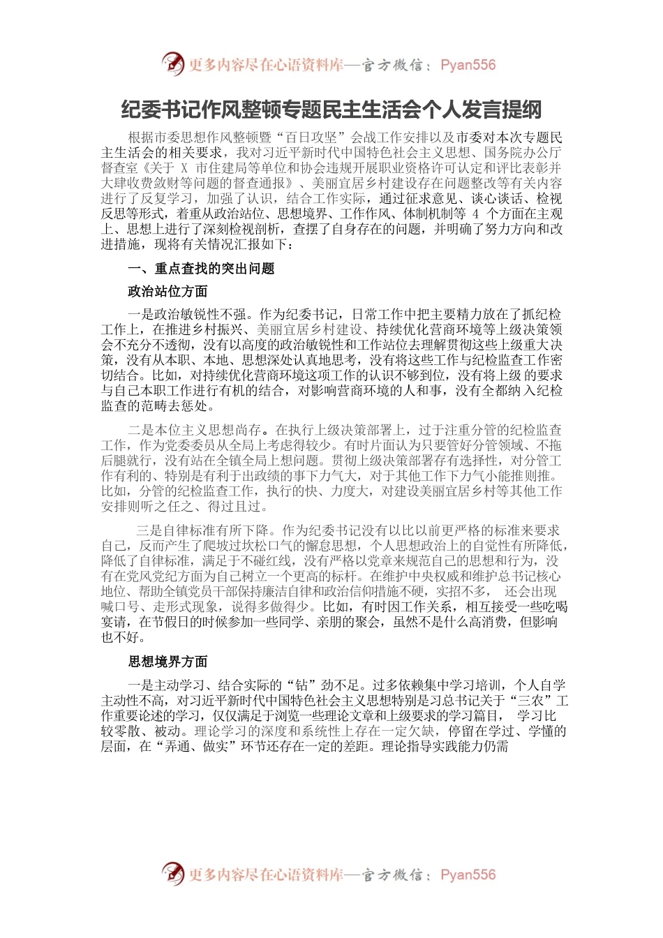 20220101纪委书记作风整顿专题民主生活会个人发言提纲.docx_第1页