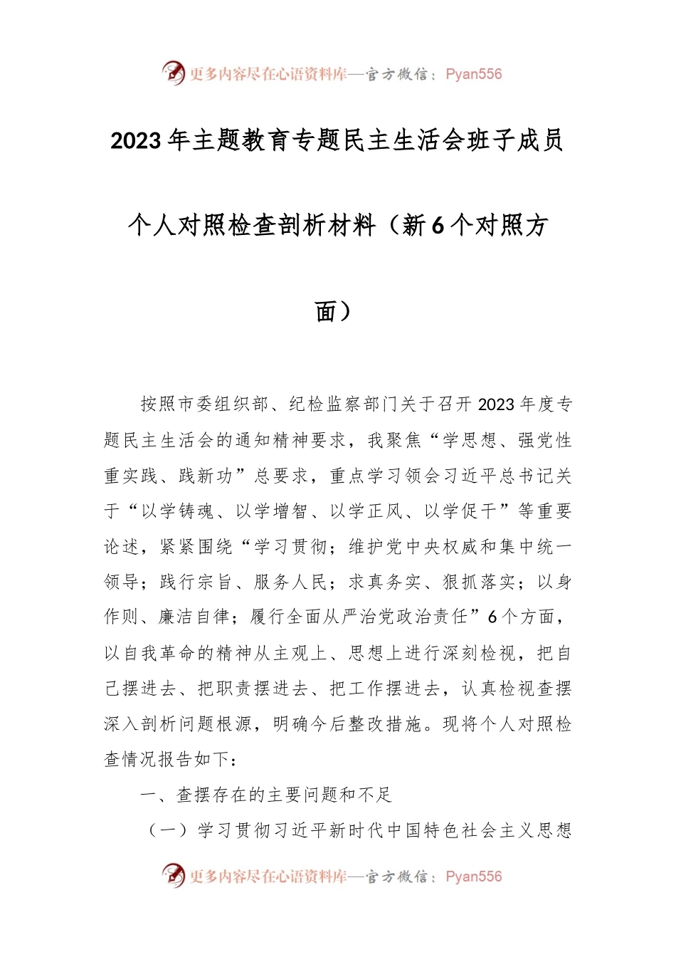 2023年主题教育专题民主生活会班子成员个人对照检查剖析材料（新6个对照方面）.docx_第1页