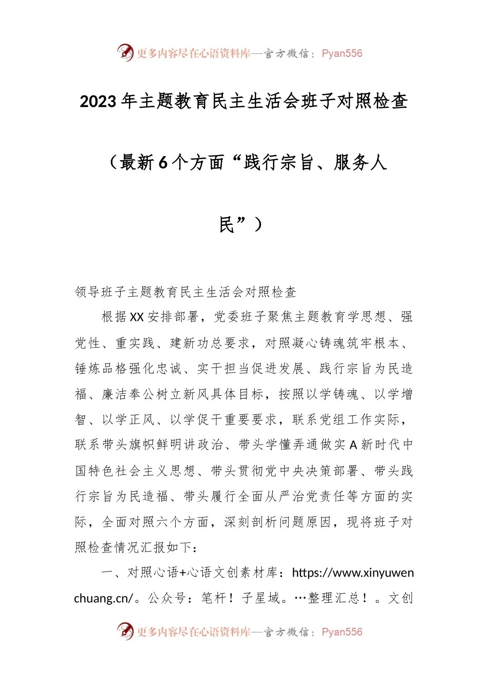 2023年主题教育民主生活会班子对照检查（最新6个方面“践行宗旨、服务人民”）.docx_第1页