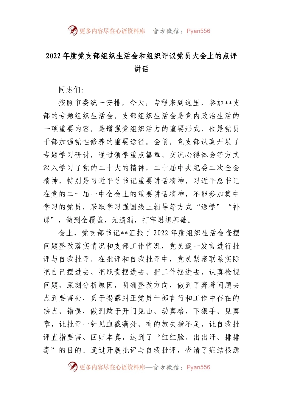 2022年度党支部组织生活会和组织评议党员大会上的点评讲话.docx_第1页