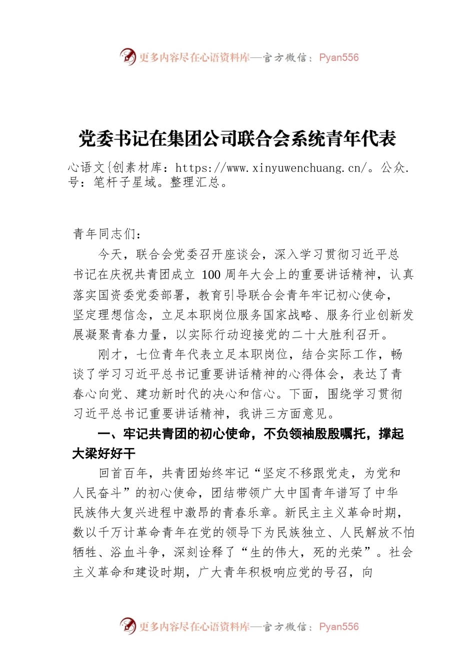 2022年党委书记在集团公司联合会系统青年代表座谈会上的讲话.docx_第1页