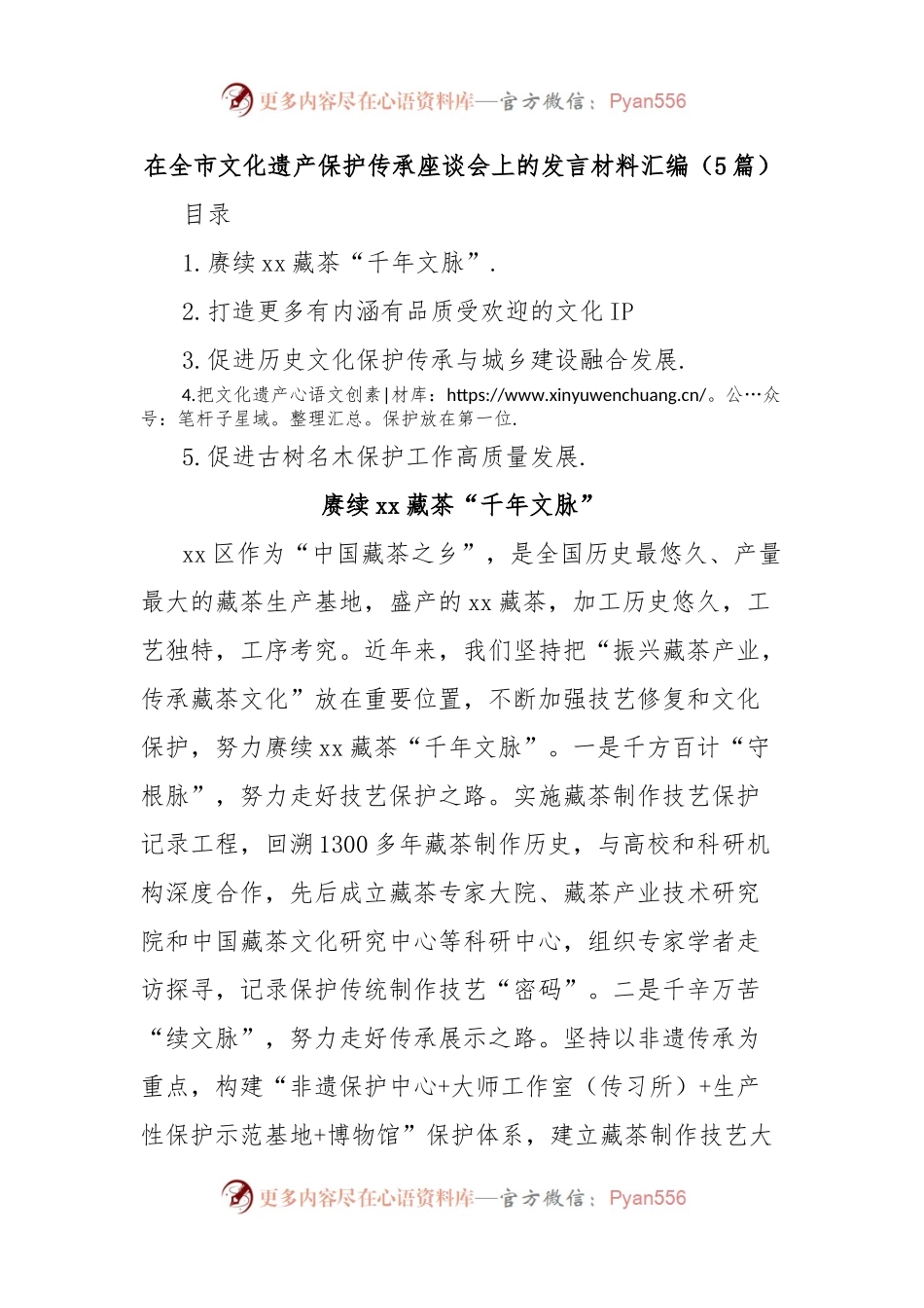 (5篇)在全市文化遗产保护传承座谈会上的发言材料汇编.docx_第1页