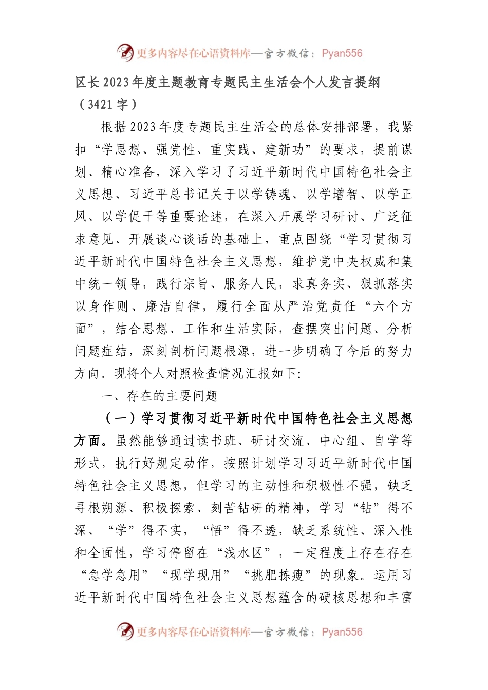 2023年主题教育民主生活会个人对照检查材料  区长（践行宗旨等6个方面）.docx_第1页