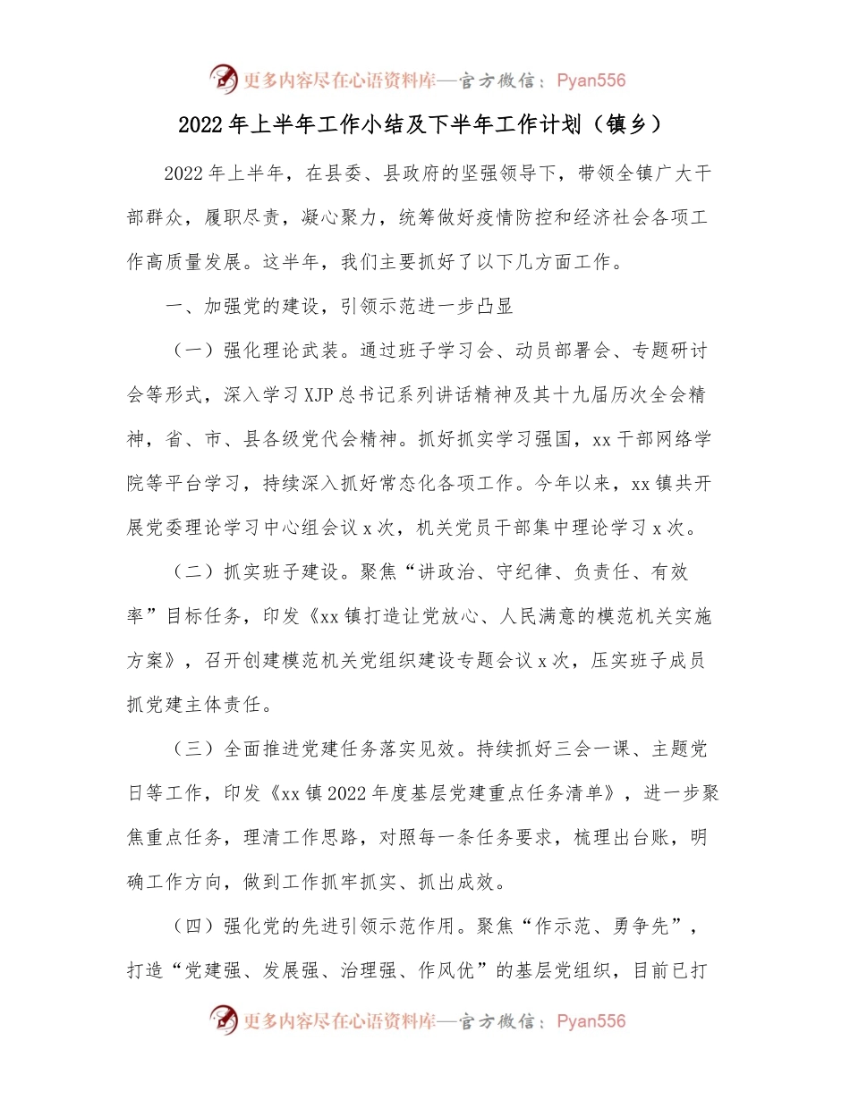 2022年上半年工作小结及下半年工作计划[镇乡].docx_第1页