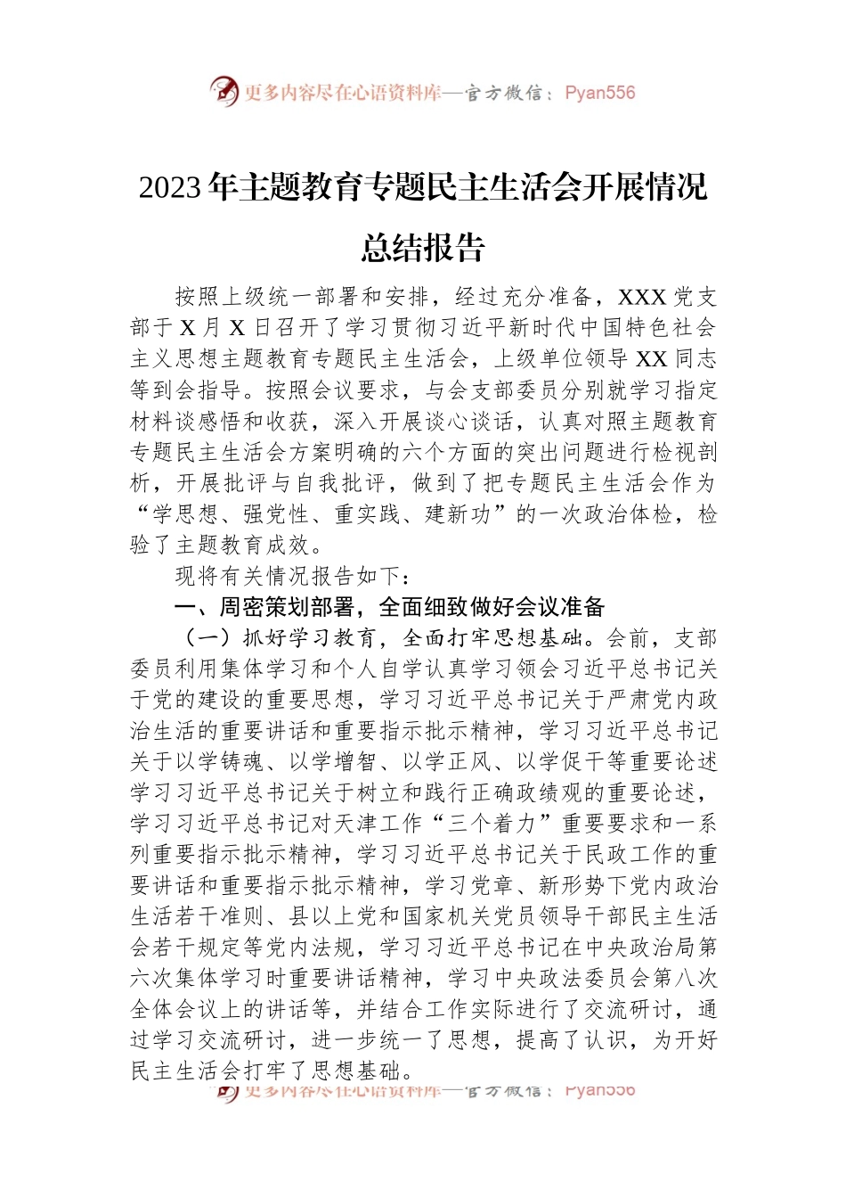 2023年主题教育专题民主生活会开展情况总结报告.docx_第1页
