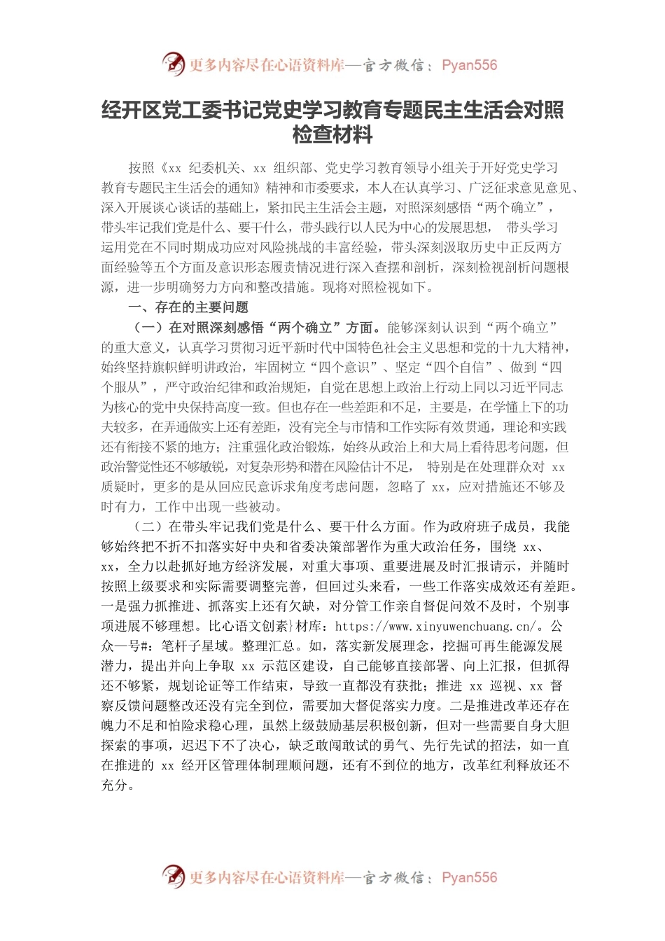 20220103经开区党工委书记党史学习教育专题民主生活会对照检查材料.docx_第1页