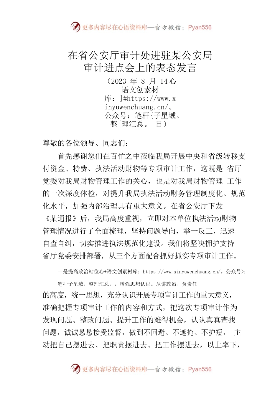 2023在省公安厅审计处进驻某公安局审计进点会上的表态发言.docx_第1页