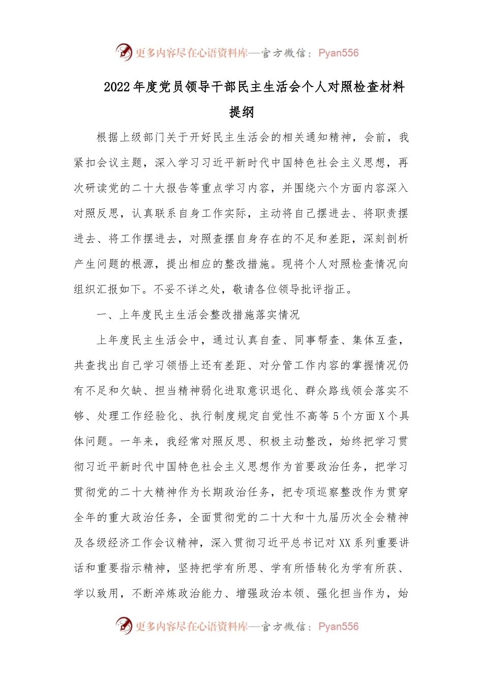 2022年度党员领导干部民主生活会个人对照检查材料提纲.docx_第1页