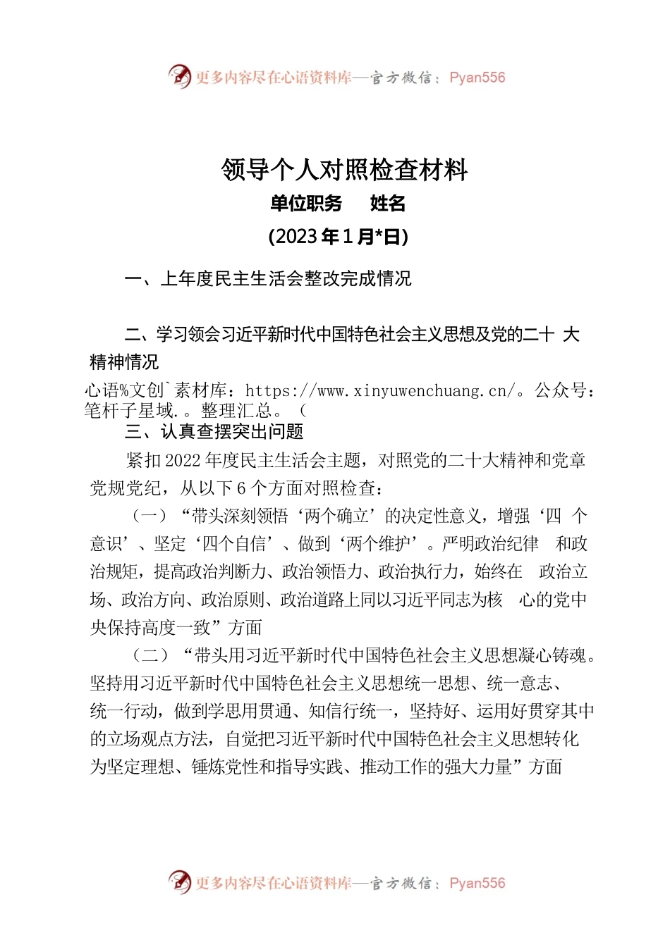 2022年领导个人对照检查材料模板.docx_第1页