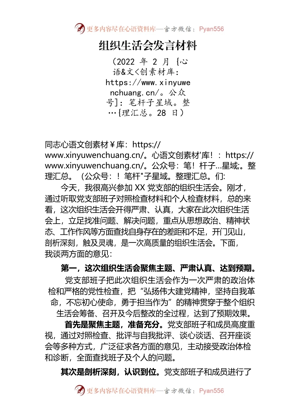 2022年组织生活会点评材料（党支部）.docx_第1页