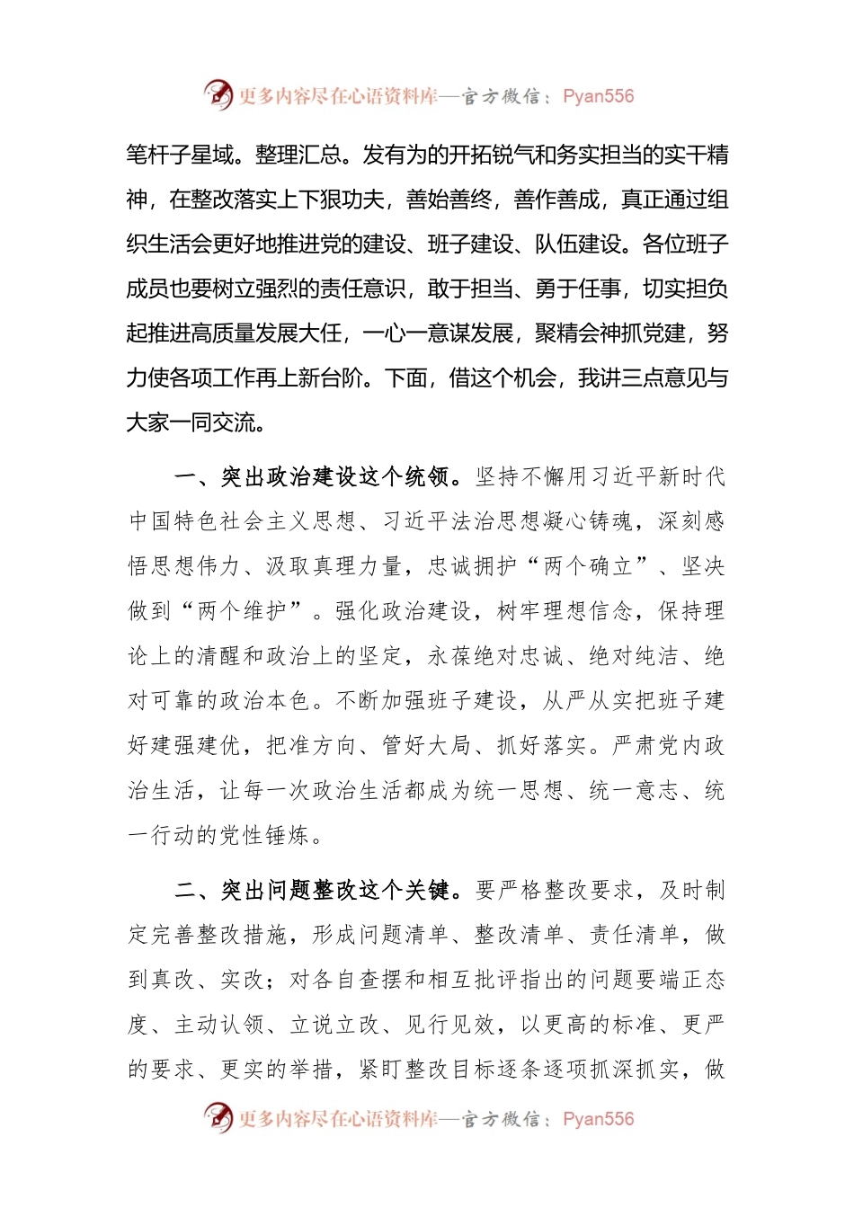 (2篇)在2023年基层党组织组织生活会和开展评议党员大会上的点评讲话.docx_第2页