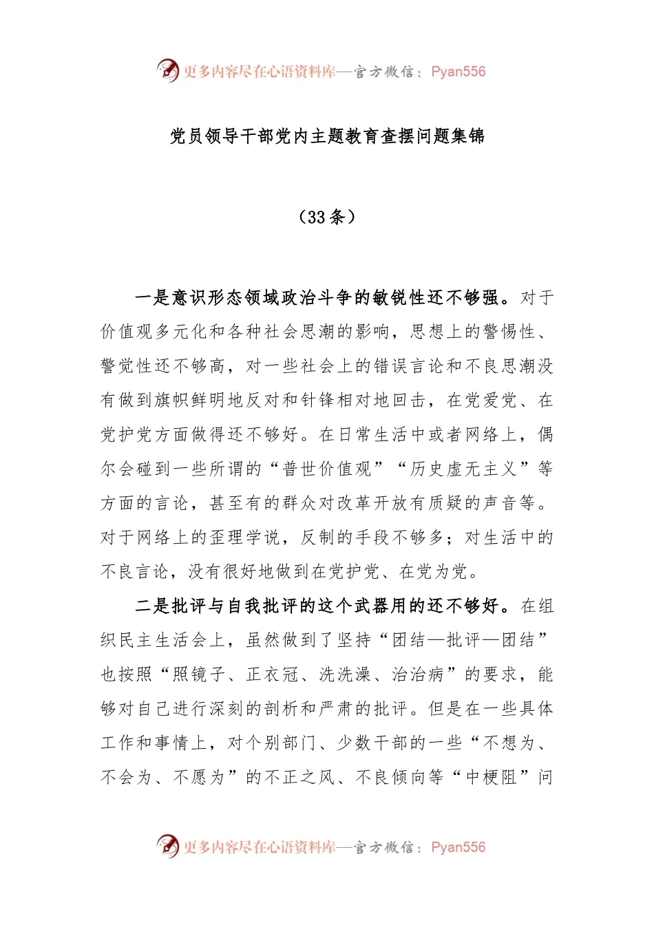 (33条)党员领导干部党内主题教育查摆问题集锦.docx_第1页