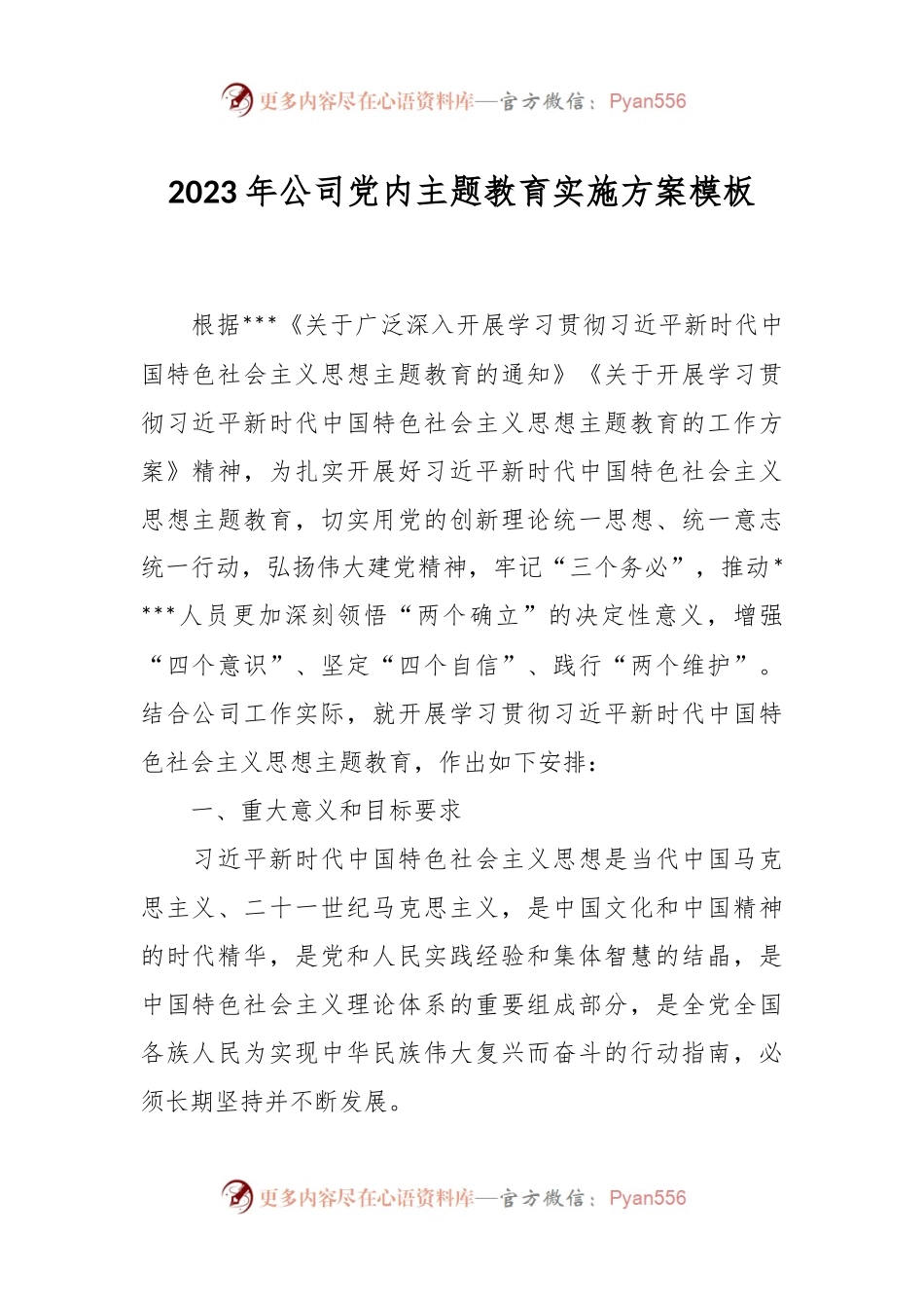 2023年公司党内主题教育实施方案模板.docx_第1页