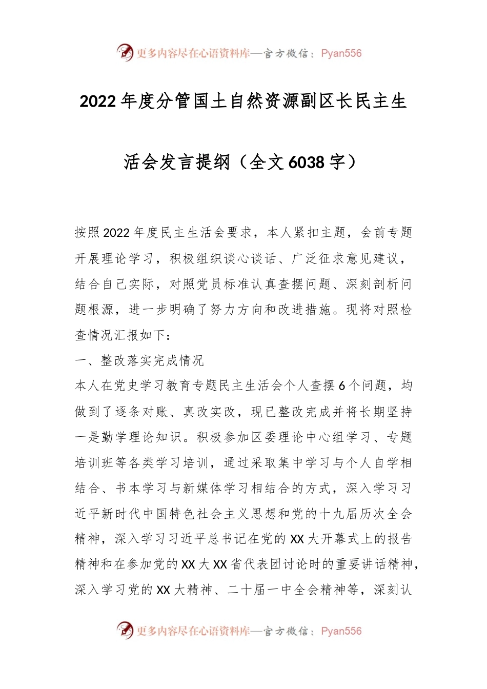 2022年度分管国土自然资源副区长民主生活会发言提纲.docx_第1页