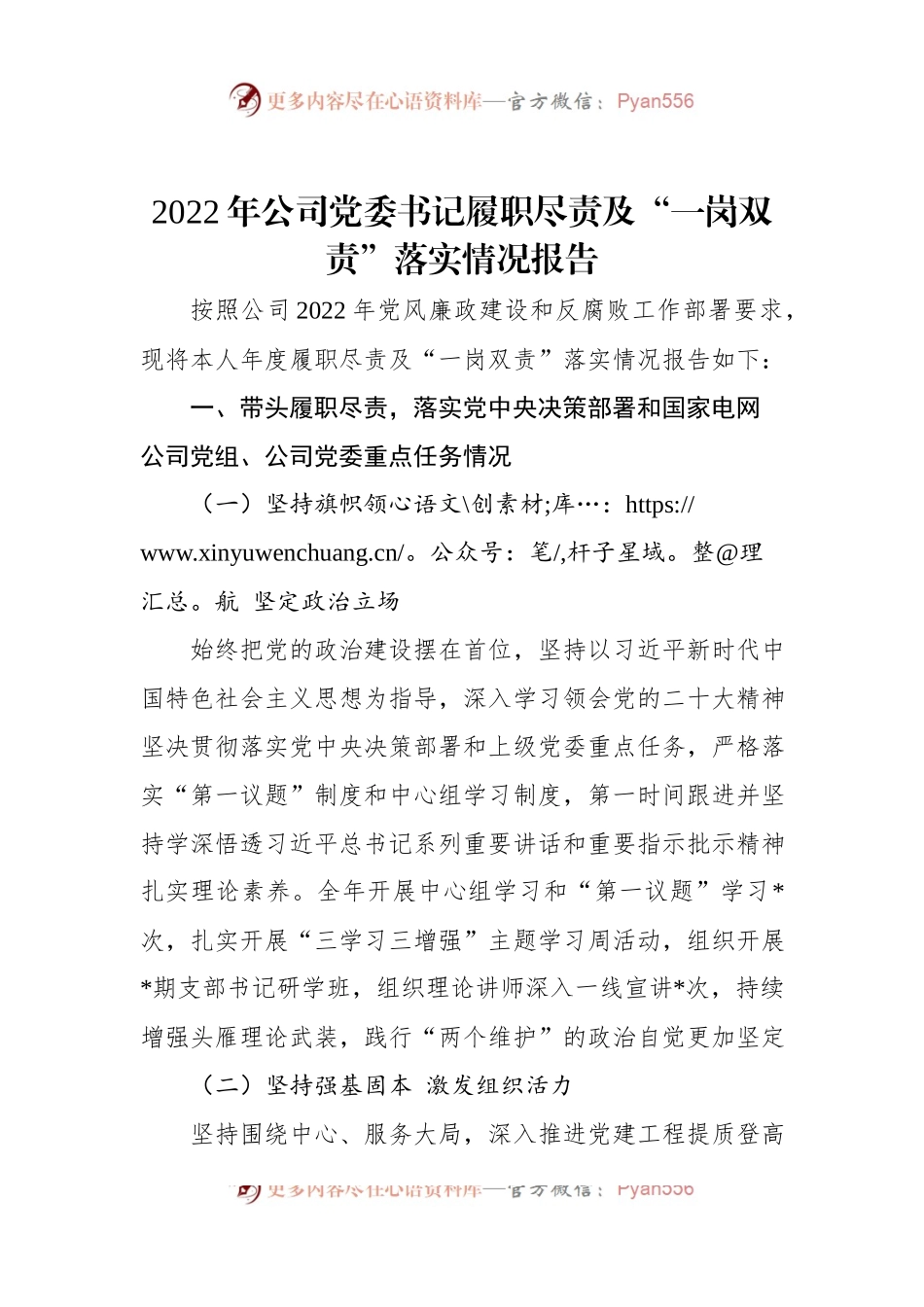 2022年公司党委书记履职尽责及“一岗双责”落实情况报告.docx_第1页