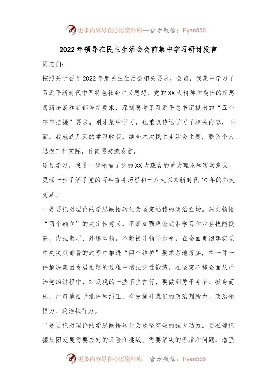 2022年领导在民主生活会会前集中学习研讨发言.docx_第1页