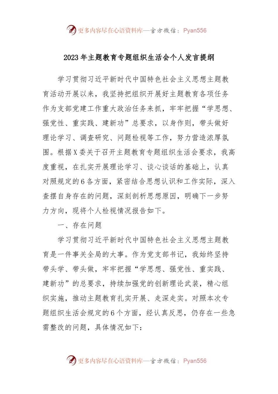 2023年主题教育专题组织生活会个人发言稿提纲.docx_第1页