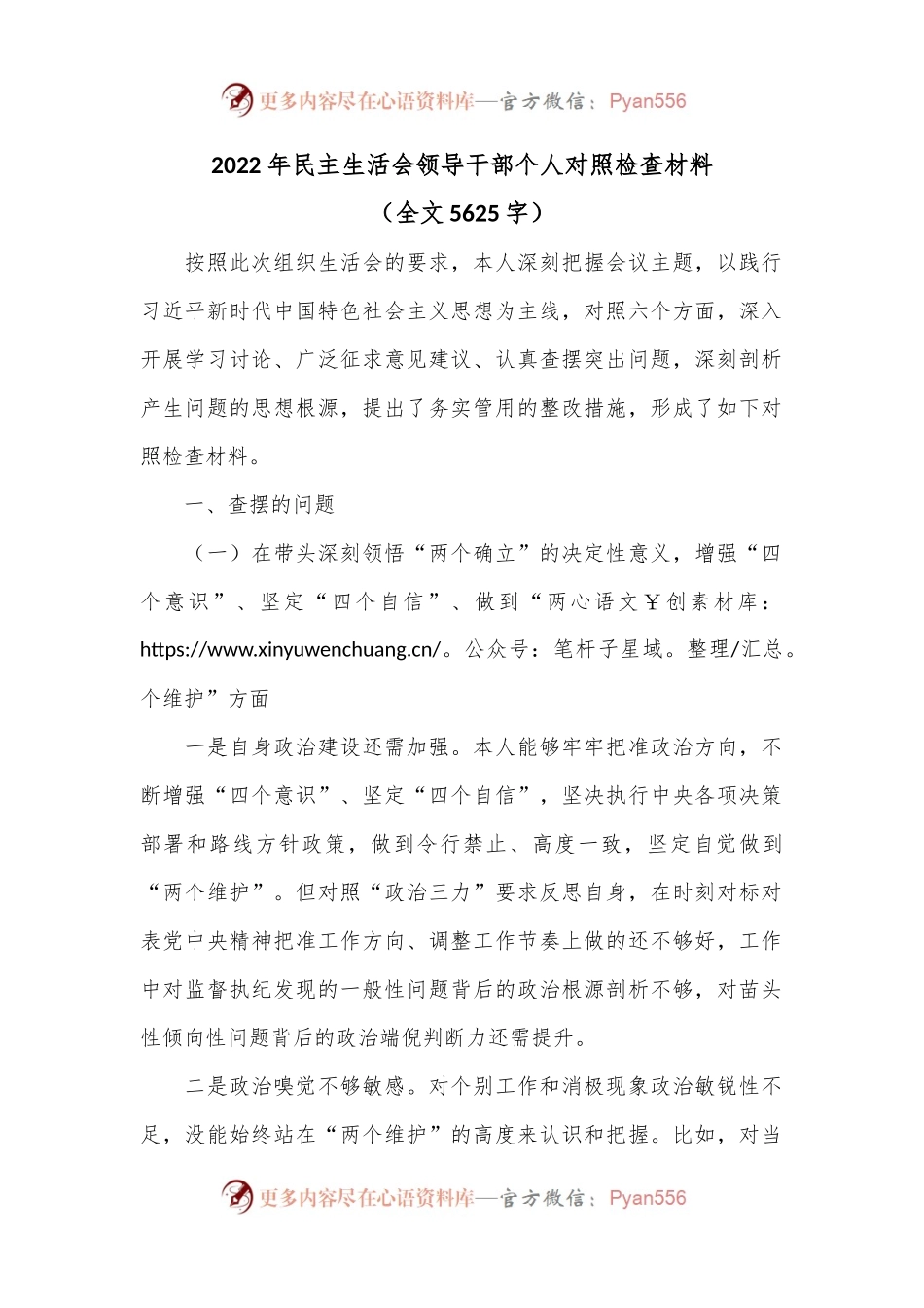 2022年民主生活会领导干部个人对照检查材料（全文5625字）.docx_第1页